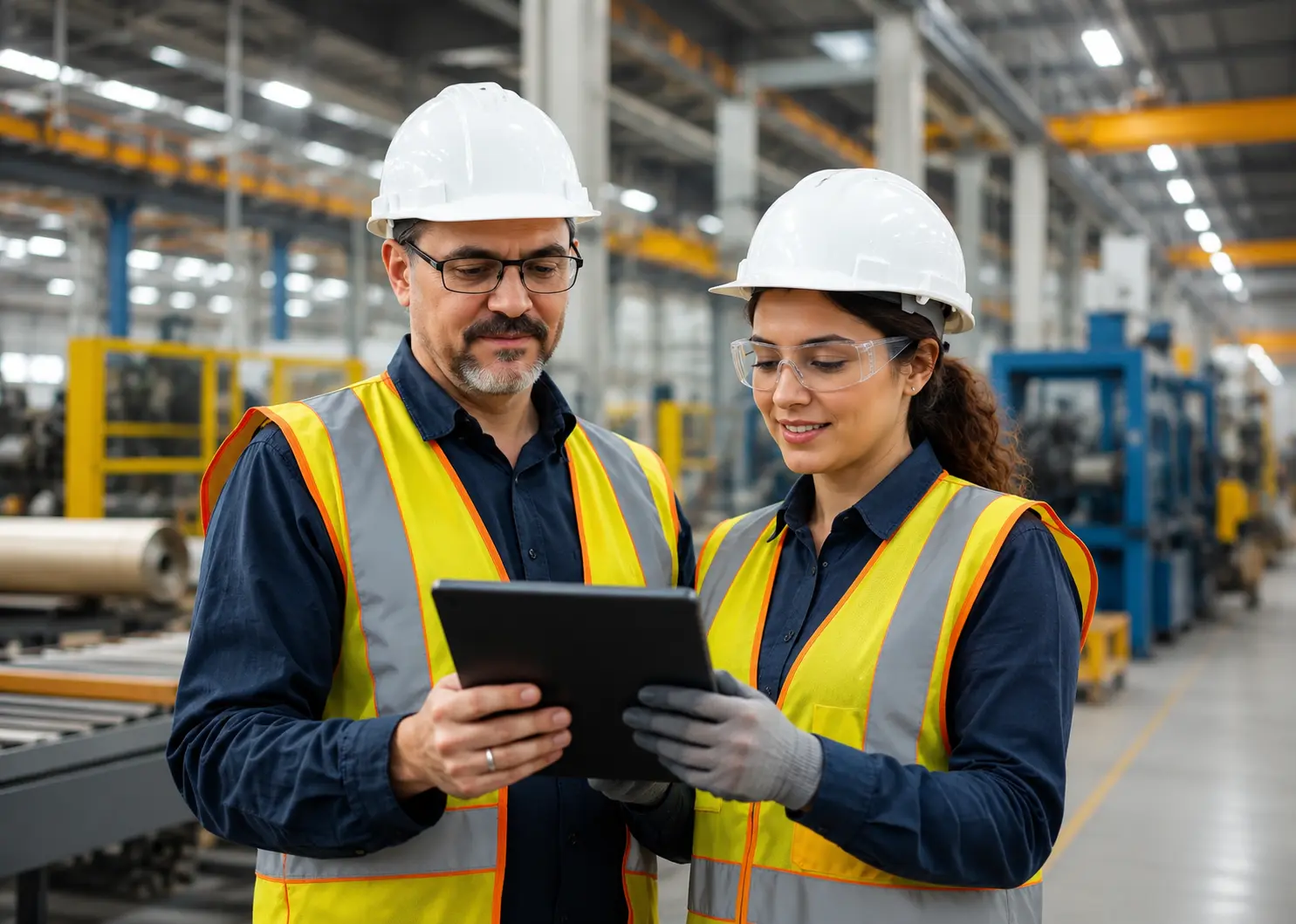 Profissionais industriais utilizando tablet em fábrica
