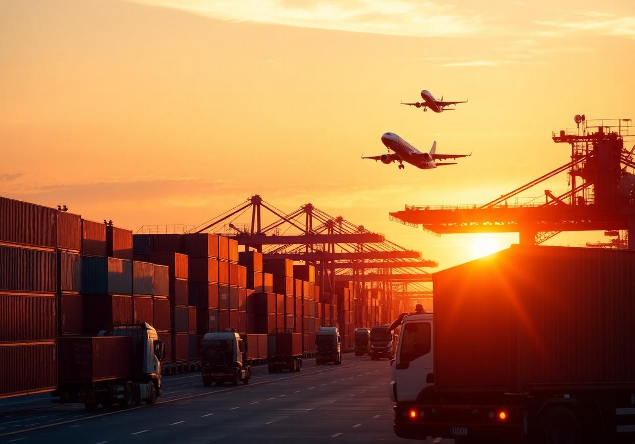 Porto de contêineres ao pôr do sol com avião de carga decolando