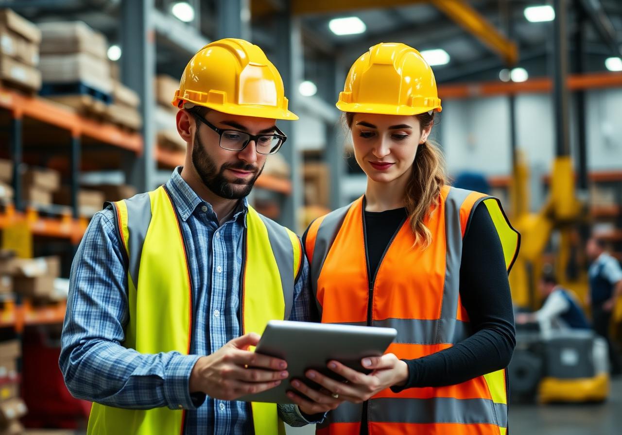 Profissionais da indústria utilizando tablet em chão de fábrica